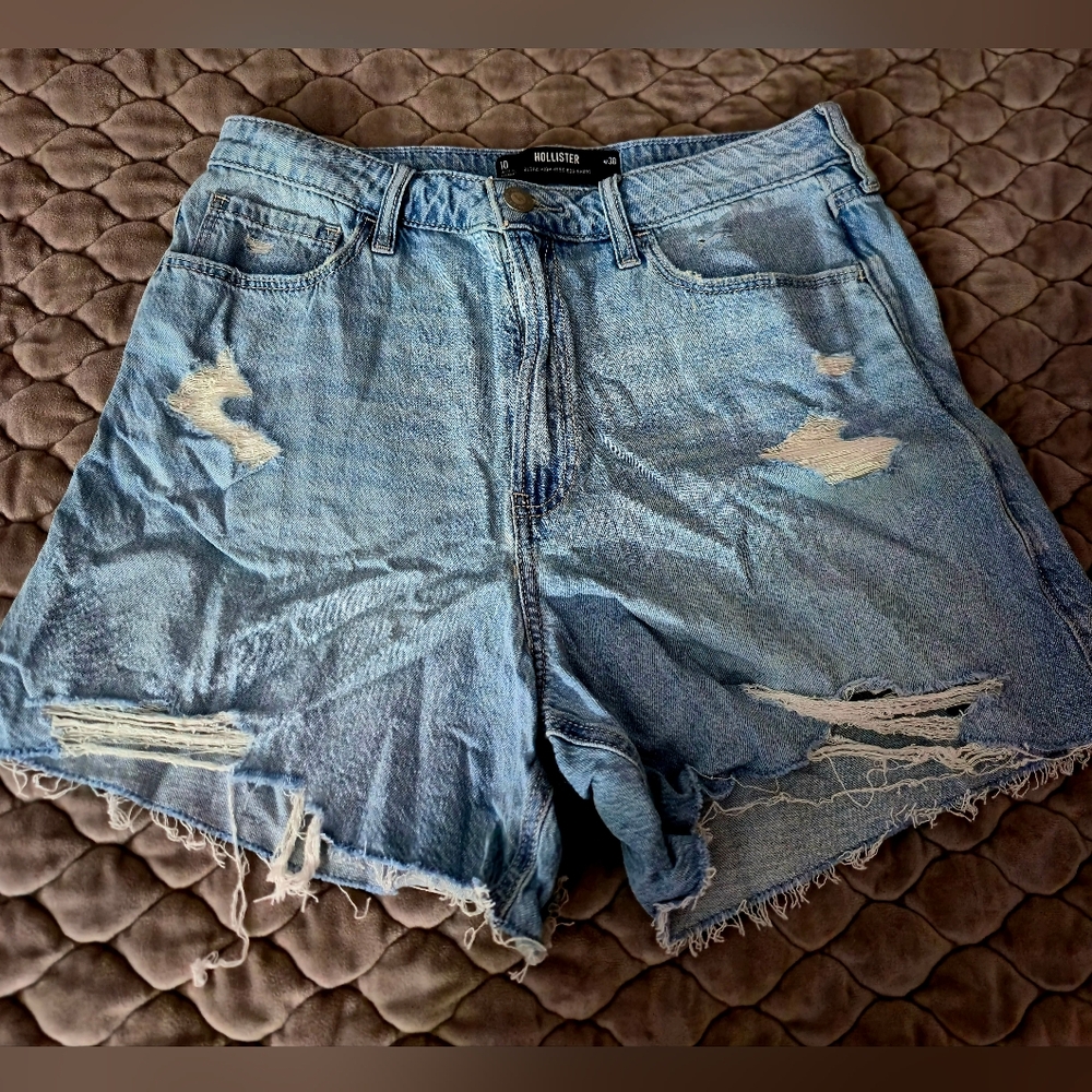 Hollister High Waist Distressed Denim Shorts - Light Blue